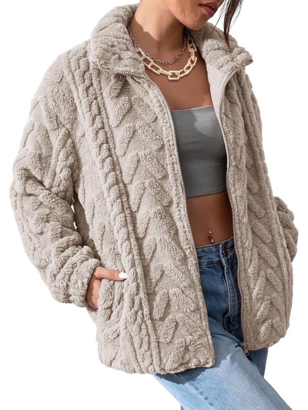 Women's Khaki Zipper Sherpa Fabric Coat Loose Fit Zipper Front Fleece Jacket